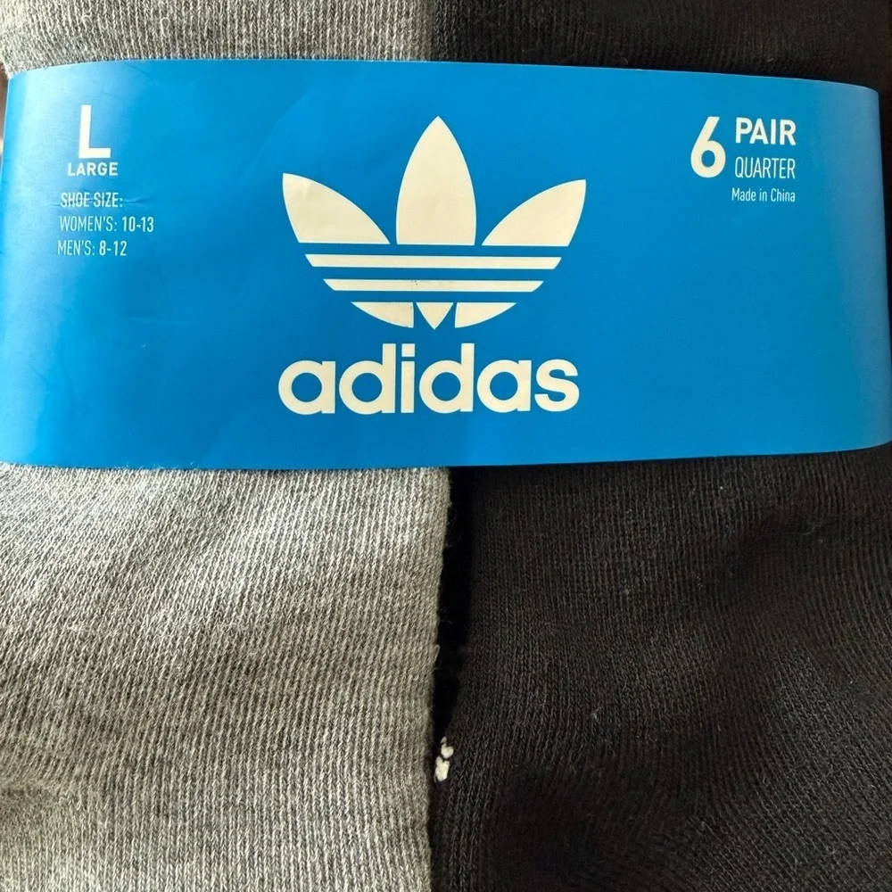 adidas L Black Gray Moisture-Wicking Unisex Quarter Crew Socks 6 Pair